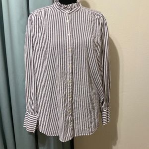 Loft striped ruffle neck long sleeve button down